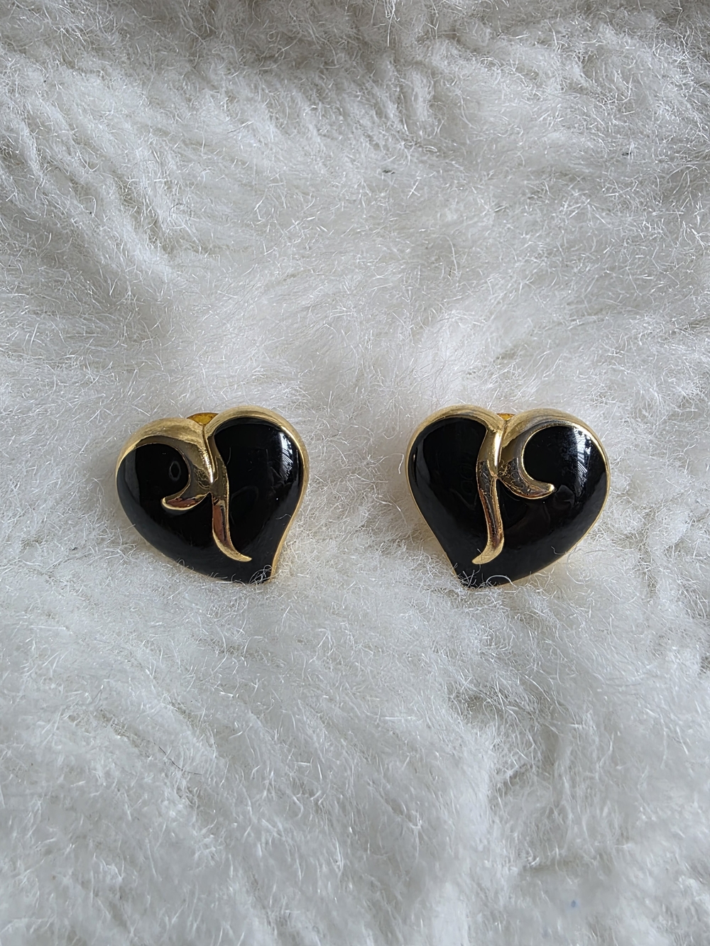 Trifari Black Enamel and Gold Heart Clip-On Earrings